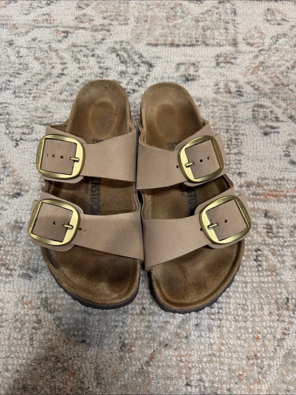 Birkenstock Women’s Double Strap Sandals in Taupe with Gold Buckles - Picture 1 of 5